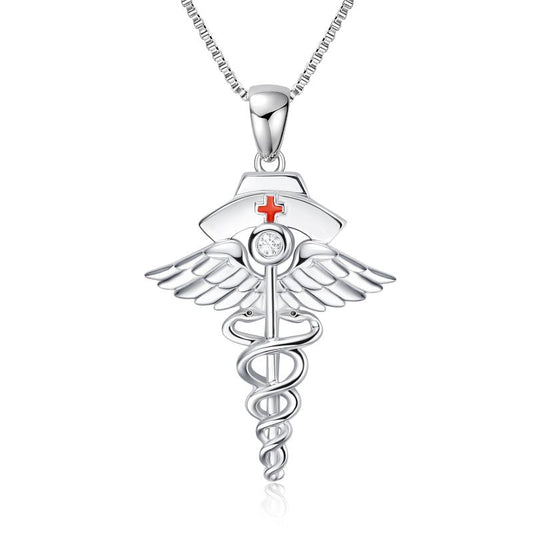 Sterling Silver Stethoscope Nurse Necklace Caduceus Angel Nursing Themed Pendant Necklace for Women Girls