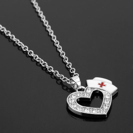 Creative New Diamond Heart-shaped Nurse Hat Pendant Necklace