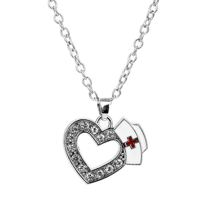 Creative New Diamond Heart-shaped Nurse Hat Pendant Necklace